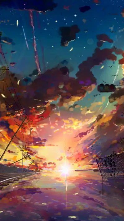 Sunset over a railroad track, colorful sky