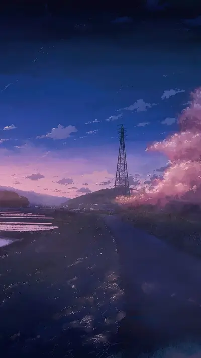 Sunset over a road, power lines, and fields