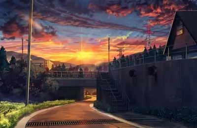 Sunset over a suburban town, viewed from a pedestrian walkway