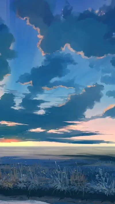 Sunset over grassy field, dramatic cloudscape