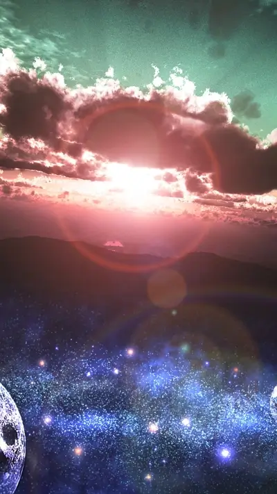 Sunset over mountains, celestial bodies in space