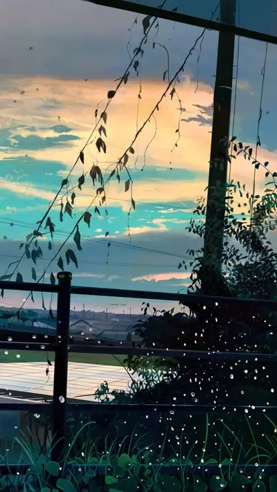 Sunset view from behind a fence, vegetation in the foreground