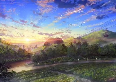 Sunset view over city with cable car