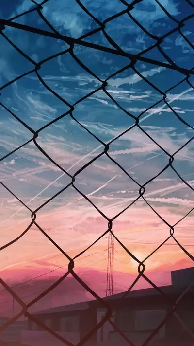 Sunset view through chain link fence