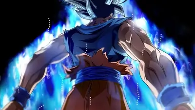 Super Saiyan Blue Goku, back view, blue flames