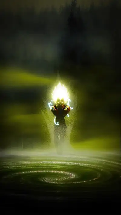 Super Saiyan energy radiating in a misty forest
