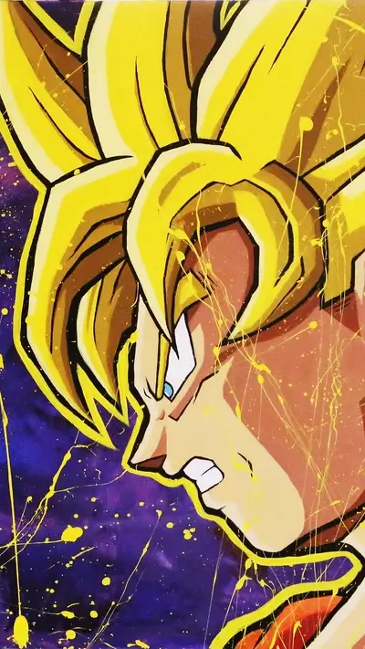Super Saiyan Goku illustration with spattered paint, intense and powerful
