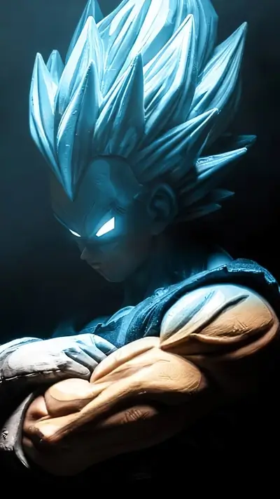 Super Saiyan Vegeta figure, powerful pose, blue lighting