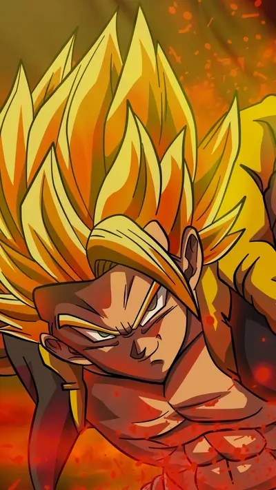 Super Saiyan's golden hair, intense gaze, power surging