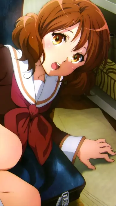 Surprised anime girl looking down, brown hair in ponytails, big bow.