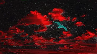 Surreal digital art featuring a bird in flight over red clouds
