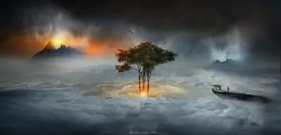 Surreal landscape with a tree, polar bear, and a person