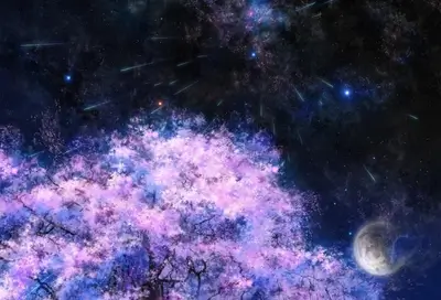 Surreal nightscape with celestial elements, blossoms, and moon, creating dreamlike, otherworldly ambiance.