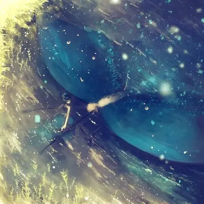 Surreal scene, girl gazing into water, vibrant blues, dreamy atmosphere