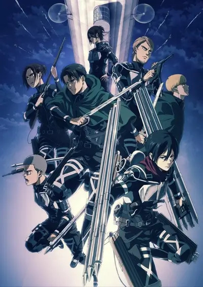 Survey Corps characters posing in combat gear against dark blue sky