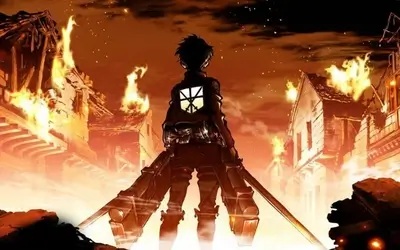 Survey corps soldier standing in burning city ruins