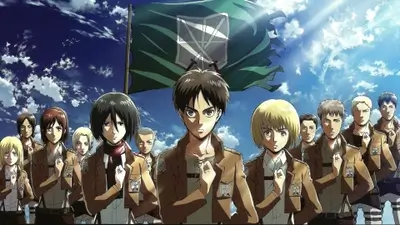 Survey Corps soldiers standing together performing salute under green flag