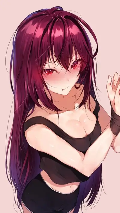 Sweaty girl with long dark red hair
