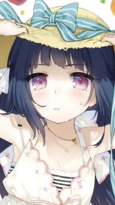 Sweet anime girl with big eyes and sun hat.