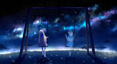 Swings under starry night, one girl and her transparent friend