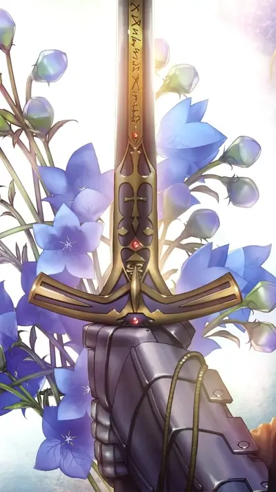 Sword and armor in hand, flowers framing a warrior's noble weapon