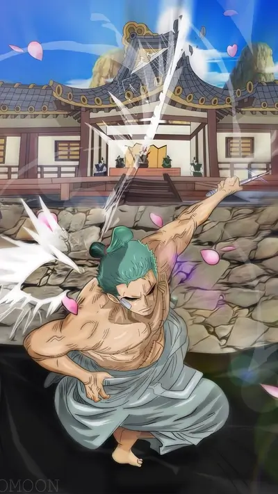 Sword wielding character in action, temple destruction