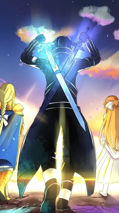 Sword wielding character with two companions
