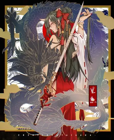 Sword-wielding woman with dragon, wearing traditional Japanese attire