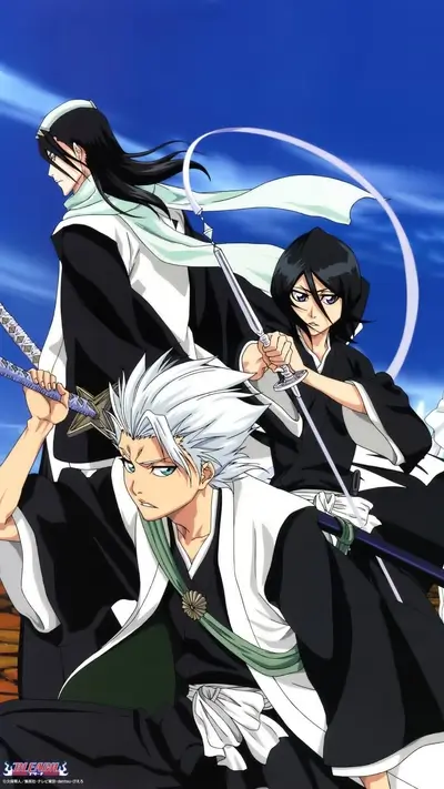 Swords drawn, three figures stand ready, determined gazes meet the viewer