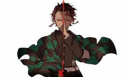 Swordsman holding a glowing red blade against a white background