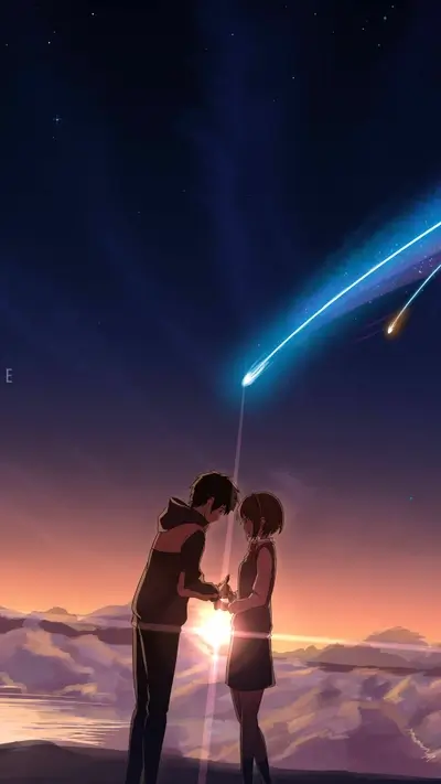 Taki and Mitsuha standing together at twilight under a comet