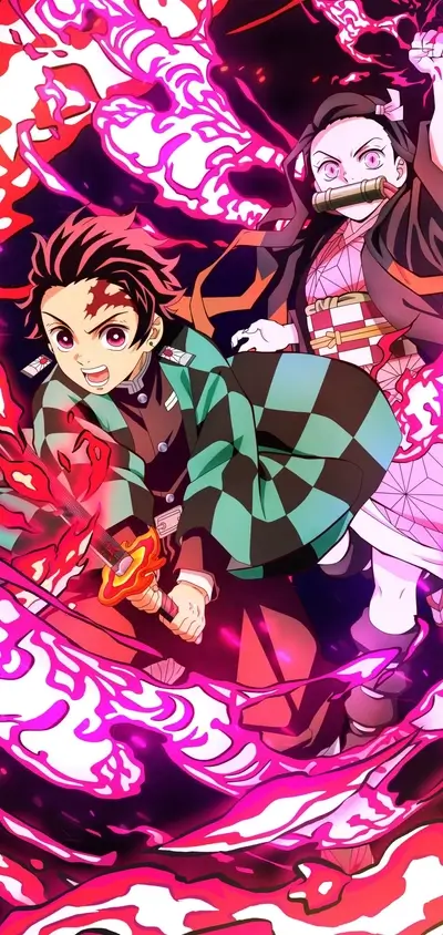 Tanjiro and Nezuko fighting demons
