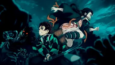Tanjiro and Nezuko Kamado ready for combat against demons in a dark teal forest
