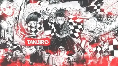 Tanjiro from Demon Slayer, fighting with his sword in a monochrome style with red accents