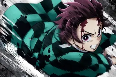Tanjiro Kamado charging forward in his signature checkered green haori