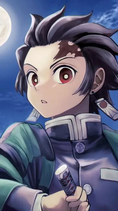 Tanjiro Kamado, Demon Slayer Corps member, moonlight in the background