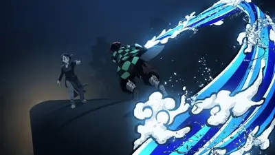 Tanjiro Kamado using water breathing technique to attack a demon atop a locomotive train under night sky