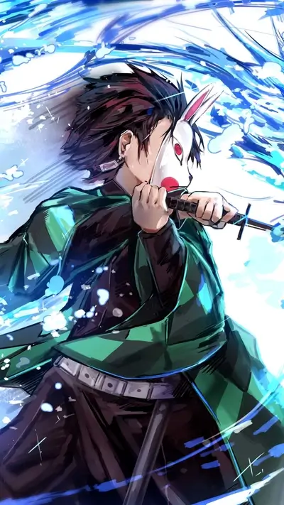 Tanjiro Kamado wearing fox mask performing water breathing technique with katana
