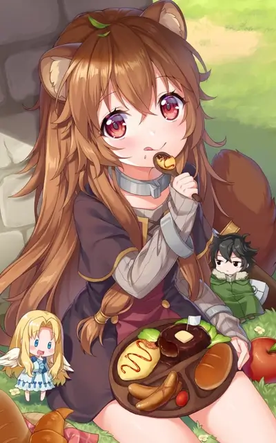 Tanuki-girl enjoying meal with friends, seated on grass with food