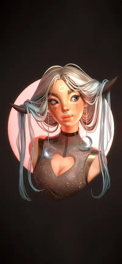 Taurus goddess with horns, silver hair and lunar earrings