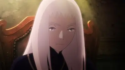 Tearful white-haired girl sitting on a chair