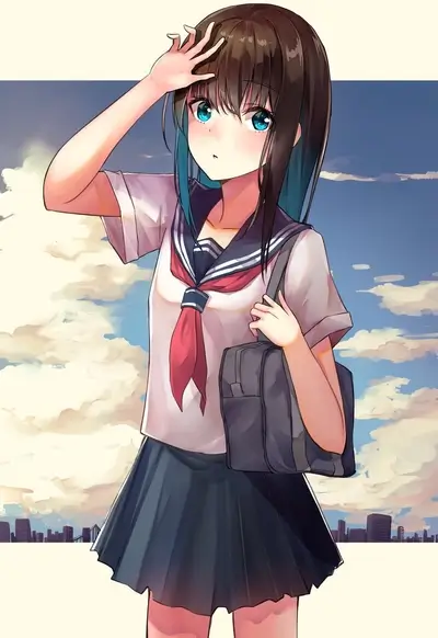 Teen girl in school uniform, brown hair, blue eyes, bag slung on shoulder