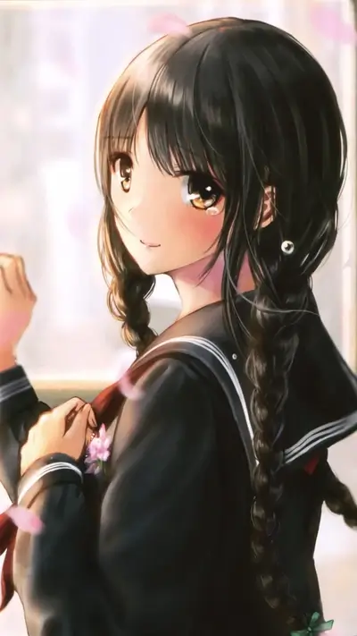 Teen girl in uniform, smiling softly, braids, flowers