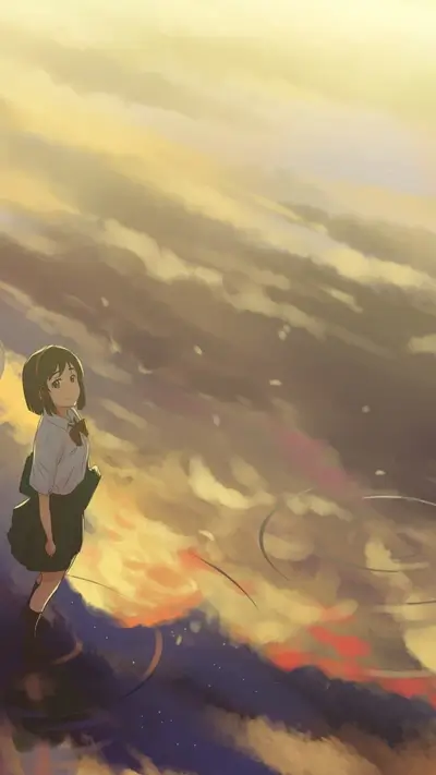 Teenage girl in school uniform, gazing at a beautiful sky with sunlight