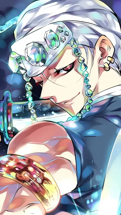Tengen Uzui wielding a sword with intricate details and shiny gems