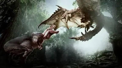 Terrifying monsters confront each other in a hazy jungle environment