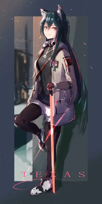 Texas operator from Arknights, character with wolf ears leans against the wall.