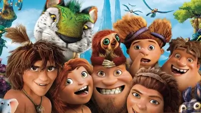 The Croods family and their pet sloth, along with other animals