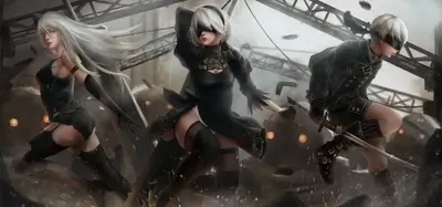Three android girls in combat, futuristic setting