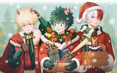 Three anime boys celebrating christmas together in festive outfits